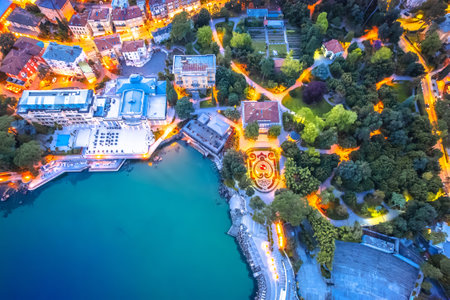 Park Angiolina and waterfront of Opatija aerial evening view, Kvarner bay of Croatia landscapeの写真素材