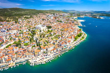 Historic city of Sibenik waterfront aerial panoramic view, Dalmatia archipelago of Croatiaの写真素材