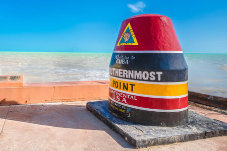 The Key West marker the southernmost point on the continental USA and distance to Cuba, southern Florida, USA.の写真素材