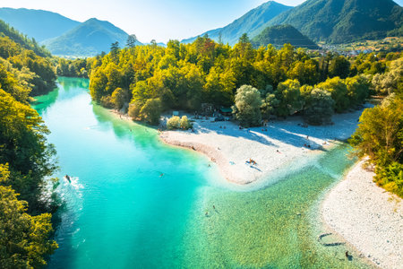Soca and Tolminka river mouth idyllic beach aerial view, turquoise paradise in Julian Alps, Sloveniaの写真素材