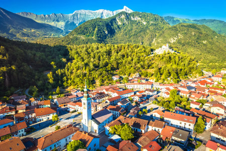 Town of Kobarid aerial view, Julian Alps of Sloveniaの写真素材