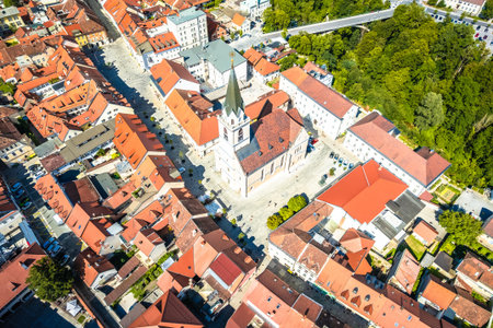 Scenic Town of Kranj chistoric center and square aerial view, central Sloveniaの写真素材