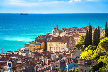 Town of Piran on Adriatic coast panoramic view, coastline of Sloveniaの写真素材
