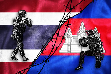 Grunge flags of Thailand and Cambodia divided by barb wire illustration, concept of tense relations between Thailand and Cambodiaの写真素材