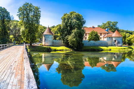 Otocec island and old town on Krka river scenic view, central Sloveniaの写真素材