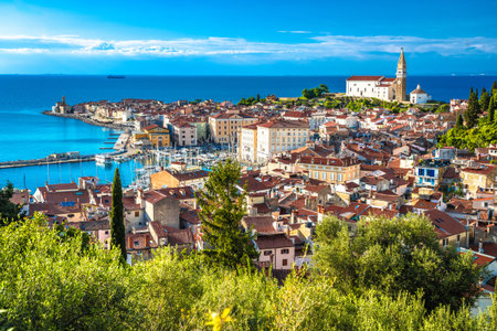 Town of Piran on Adriatic coast panoramic view, coastline of Sloveniaの写真素材