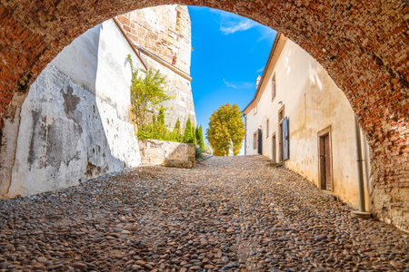 Vibrant cobbled street scene in the historic old townof Ptuj, Slovenia, featuring brick passageの写真素材