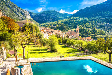 Scenic town of Valldemossa on Mallorca island colorful view, Balearic islands of Spainの写真素材