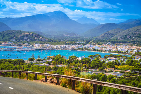 Port de Pollenca beach and bay panoramic view. Island of Mallorca. Balearic islands of Spain.