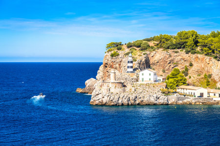 Scenic view of Port de Soller bay entrance lighthouse, Island of Mallorca. Balearic islands of Spain.の写真素材