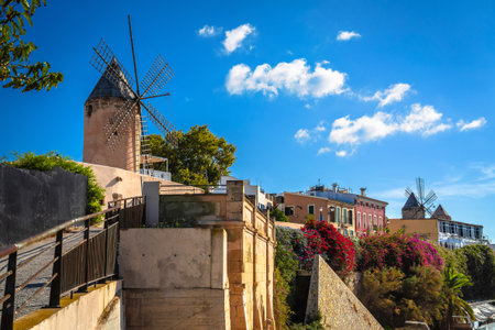 Palma de Mallorca historic windmills and architecture colorful view, Island of Mallorca. Balearic islands of Spain.の写真素材