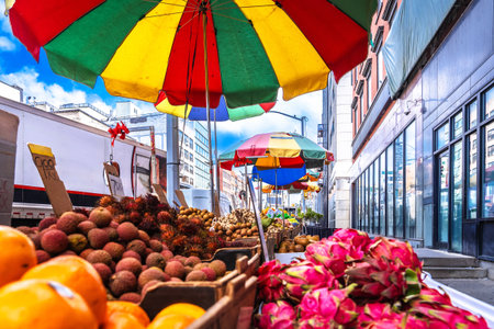 Street vegetables farmers market in Chinatown of New York City colorful view. United States of Americaの写真素材