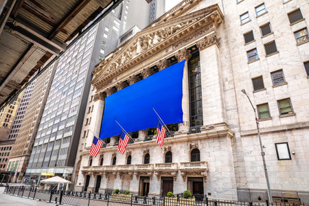 New York Stock Exchange Wall Street building street view, United States of America