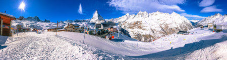Matterhorn peak Riffelberg ski area in Zermatt panoramic view, Valais region in Switzerland Alpsの写真素材