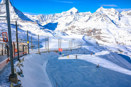 Gorngerat bahn railway and Zermatt ski area in Riffelberg view, Valais region in Switzerland Alpsの写真素材
