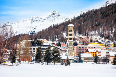 Town of Sankt Moritz stone tower winter view, Graubunden region of Switzerlandの写真素材