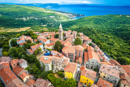 Historic town of Labin on picturesque hill aerial view, Istria region of Croatiaの写真素材