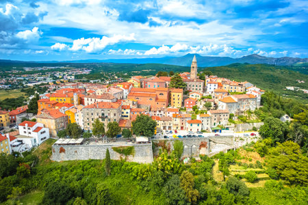 Historic town of Labin on picturesque hill aerial view, Istria region of Croatiaの写真素材