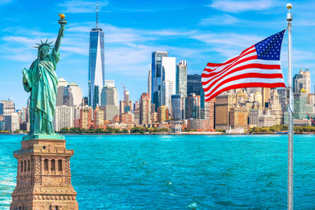 New York City downtown skyline collage view, Statue of Liberty, USA flagの写真素材