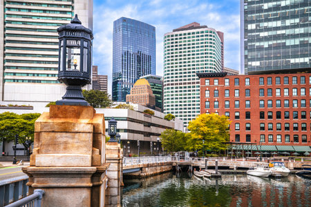 Boston, MA. Boston Fort Point Channel and cityscape skyline view, Massachusetts state of USAの写真素材