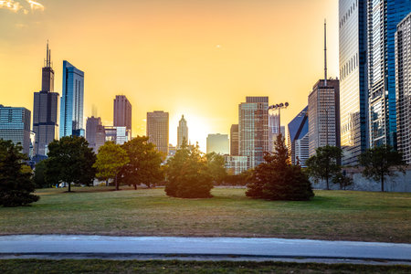 Chicago, USA. Chicago skyline and lake view park sunset view, state of Illinois, USAの写真素材