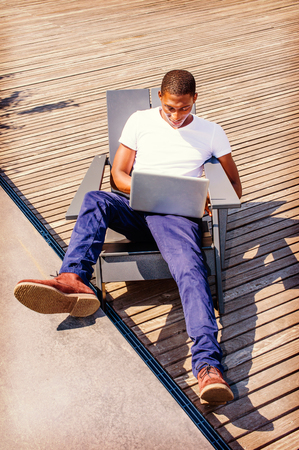 Young African American Man traveling, working in New Yorkの写真素材