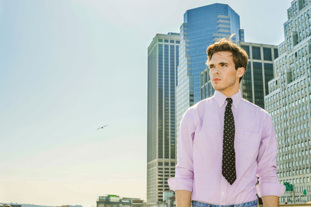 Young blonde, handsome businessman, wearing long sleeve, pink shirt, necktie, standing in the front of busy business district, confidently looking forward.の写真素材