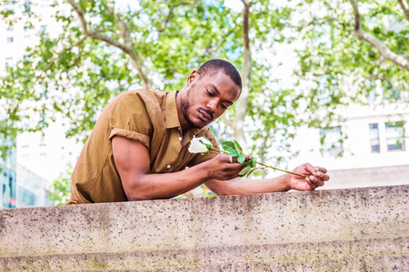 Young African American Man with beard missing you in New York, wearing green short sleeve shirt, standing, back bending forward on top of wall in Manhattan, holding white rose, thinking, waiting.の写真素材