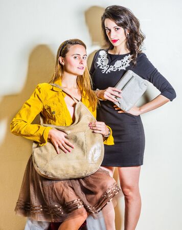 Two young beautiful women, one wearing long sleeve yellow corduroy jacket, dark brown mesh skirt, carrying beige leather shoulder bag, other wearing black dress, holding gray leather purse.の写真素材