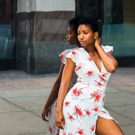 Young African American Woman with a short afro hairstyle, wearing a patterned dress, is standing...
