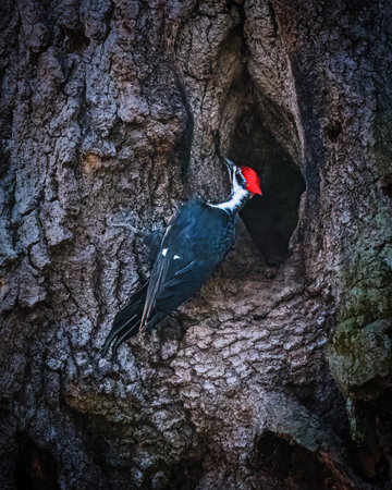 A woodpecker with a striking red head is perched on the rugged bark of a tree, seemingly peering into a cavity. The intricate patterns of the bark create a natural setting for the bird.の写真素材