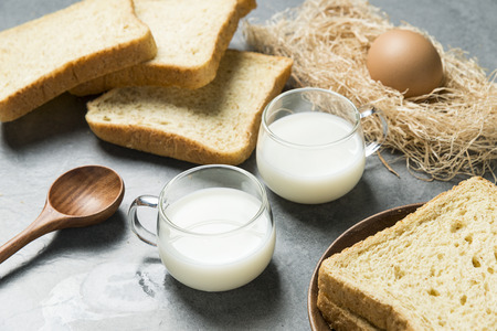 Bread, milk and egg for healthy breakfast