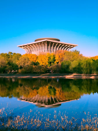 Autumn landscape with lake and trees in the park, Beijing, Chinaの写真素材
