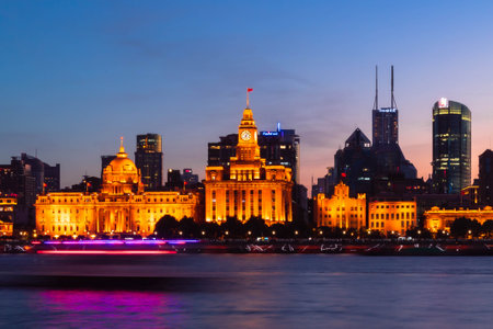 The Bund at night in Shanghai, China. Shanghai is the world's largest financial center.の写真素材