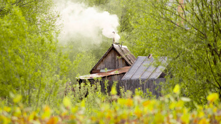 early morning in the morning on a lonely old farm houseの写真素材