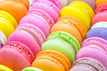Colorful macaroon, sweet dessert, macaroon backgroundの写真素材