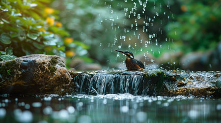 A brown and white kingfisher bird sits on a rock next to a waterfall.の素材