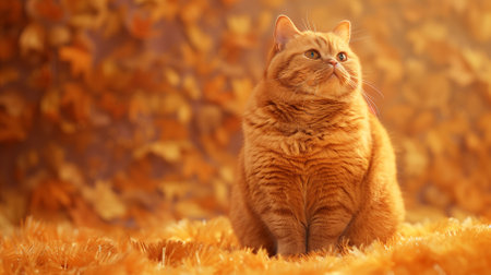 Orange cat sits on pile of yellow leaves, looking up at sky.の素材