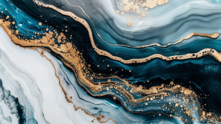 Close-up of blue and gold marble with swirls.の素材