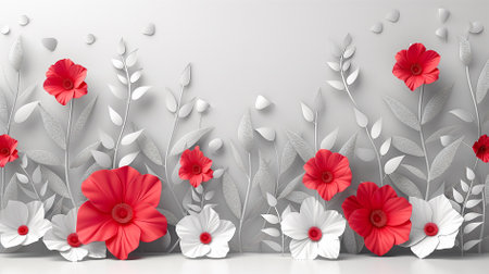 Row of red and white flowers, white backgroundの素材