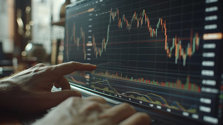 Man points at computer screen showing stock chartの素材