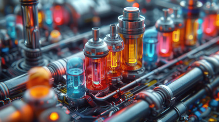 A detailed, futuristic setup featuring colorful, glowing tubes and advanced machinery in a high-tech environment.の素材