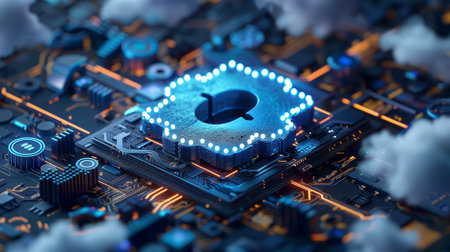 A futuristic, glowing circuit board with a cloud-shaped central component, symbolizing cloud computing.の素材