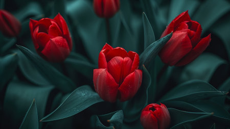 Bright red tulips with water droplets surrounded by dark green foliage in a serene atmosphere.の素材