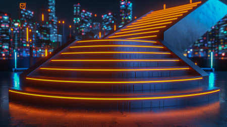 Modern staircase illuminated with orange neon lights, set against a vibrant futuristic city skyline.の素材