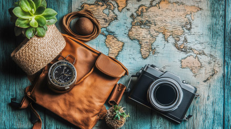 A leather bag, camera, compass, and plant arranged atop a vintage world map on a rustic wooden table.の素材