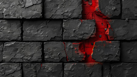 A textured black brick wall with cracks revealing a glowing red illuminated surface behind it.の素材