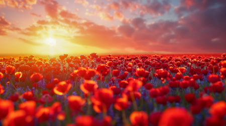 A breathtaking field of red poppies glowing in the golden sunlight of a serene sunset sky.の素材