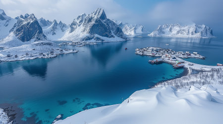 A breathtaking Arctic fjord with snow-covered peaks, turquoise waters, and a charming fishing village.の素材