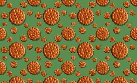round dry cookies on a green background Beautiful trendy pattern concept backgroundの写真素材